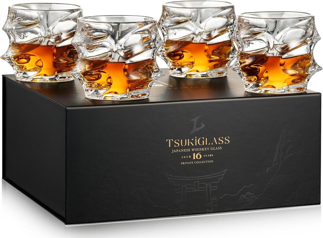 TSUKIGLASS Storm Premium Japanese Crystal Whisky Glasses Set of 4 - Gift Ready Box, 100% Ultra Clarity Lead-Free Crystal, 10oz Tumblers for Bourbon, Scotch & Cocktails, Luxury Gift for Men