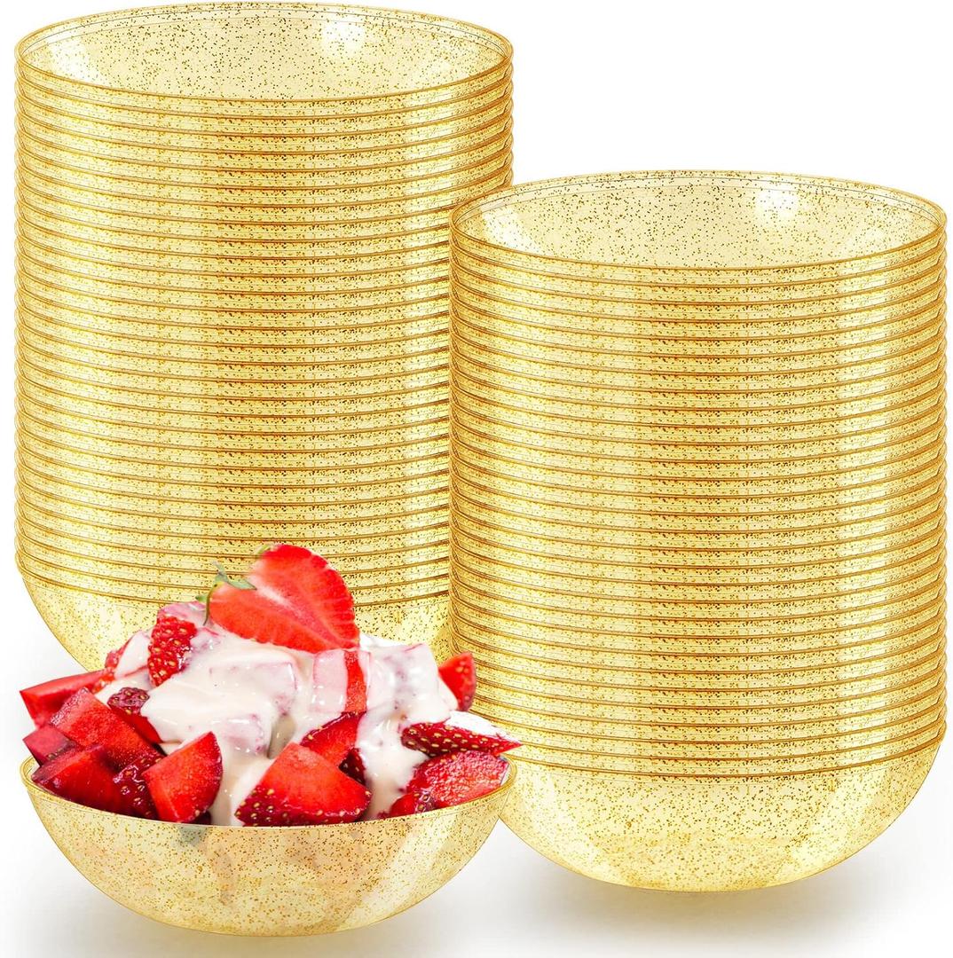 Gerrii 100 Pack Gold Glitter Plastic Bowls 14oz Disposable Salad Serving Bowls Heavy Duty Clear Dessert Soup Containers for Party, Wedding, Birthday, Dinner and Christmas
