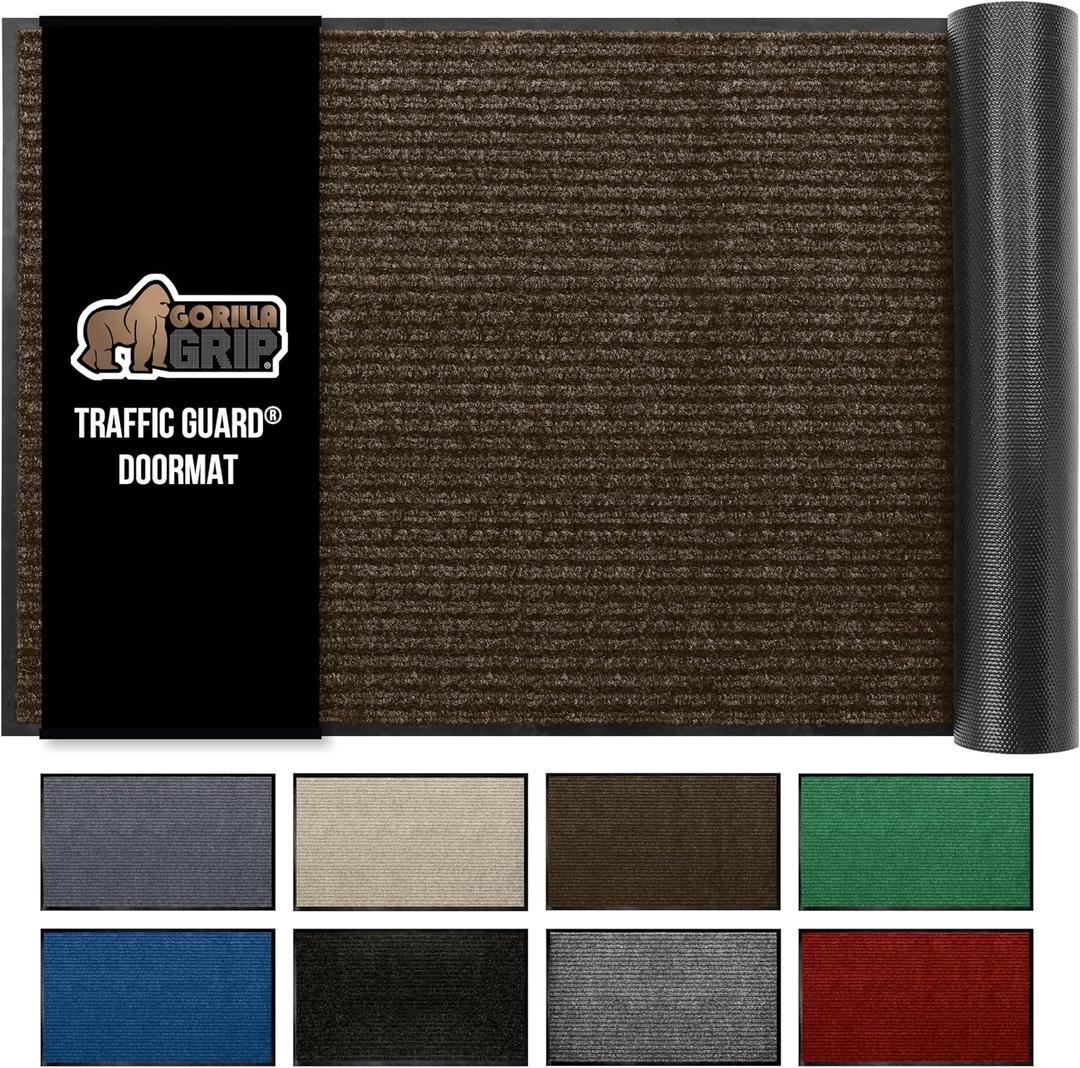 GORILLA GRIP Traffic Guard Door Mat, Heavy Duty Welcome Mats, Commercial Office Space Doormat, Waterproof, Fade Resistant, Strong Rubber Backing, Low Profile, Shoe and Boot Scraper, 35x23, Brown