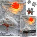 Sunset Landscape Puzzles for Adults 1000 Pieces, Red Sun Mountain Clouds Scene Puzzle, Challenging Paper Cut Art Nature Themed Jigsaw Puzzle Trees Sunrise Scenic, Impossible Difficult Hard for Adults