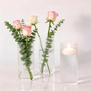Glass Ribbed Cylinder Vases Pack of 2, 8 Inch Tall Clear Flower Vases in Bulk, Hurricane Floating Candle Vases for Party Home Decor