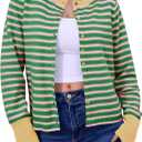 Saodimallsu Womens Striped Cardigan Sweaters Button Down Lightweight Color Block Crewneck Long Sleeve Knit Fall Cardigan (Green)