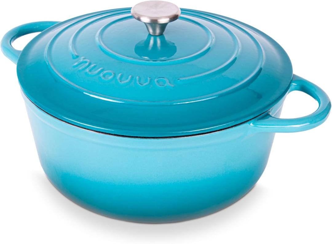 Nuovva Enamelled Cast Iron Dutch Oven Pot with Lid 6.4 Quart Non Stick Casserole Pot  Heavy Duty & Oven Safe up to 500 F for Bread Baking, Braising, Stews, Roasting  28cm Light Blue (6.4-Quart - Deep)