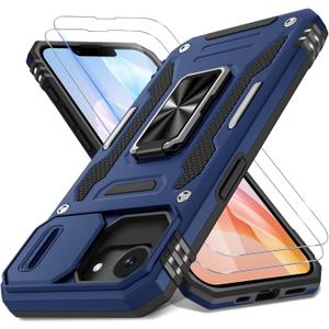 DEERLAMN Case for iPhone 17e/iPhone 16e 6.1-Inch with Slide Camera Cover+Screen Protector (2 Packs), Rotated Ring Kickstand Military Grade Shockproof Protective Cover-Navy Blue