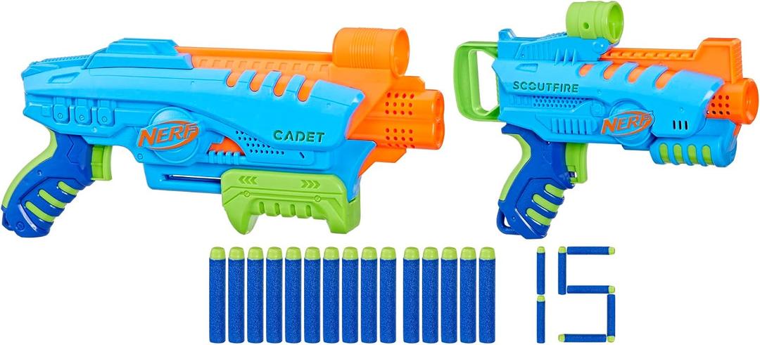 NERF Elite Junior Ultimate Starter Set, 2 Easy Play Blasters, 15 Darts for Kids Outdoor Games, Ages 6 & Up, Small