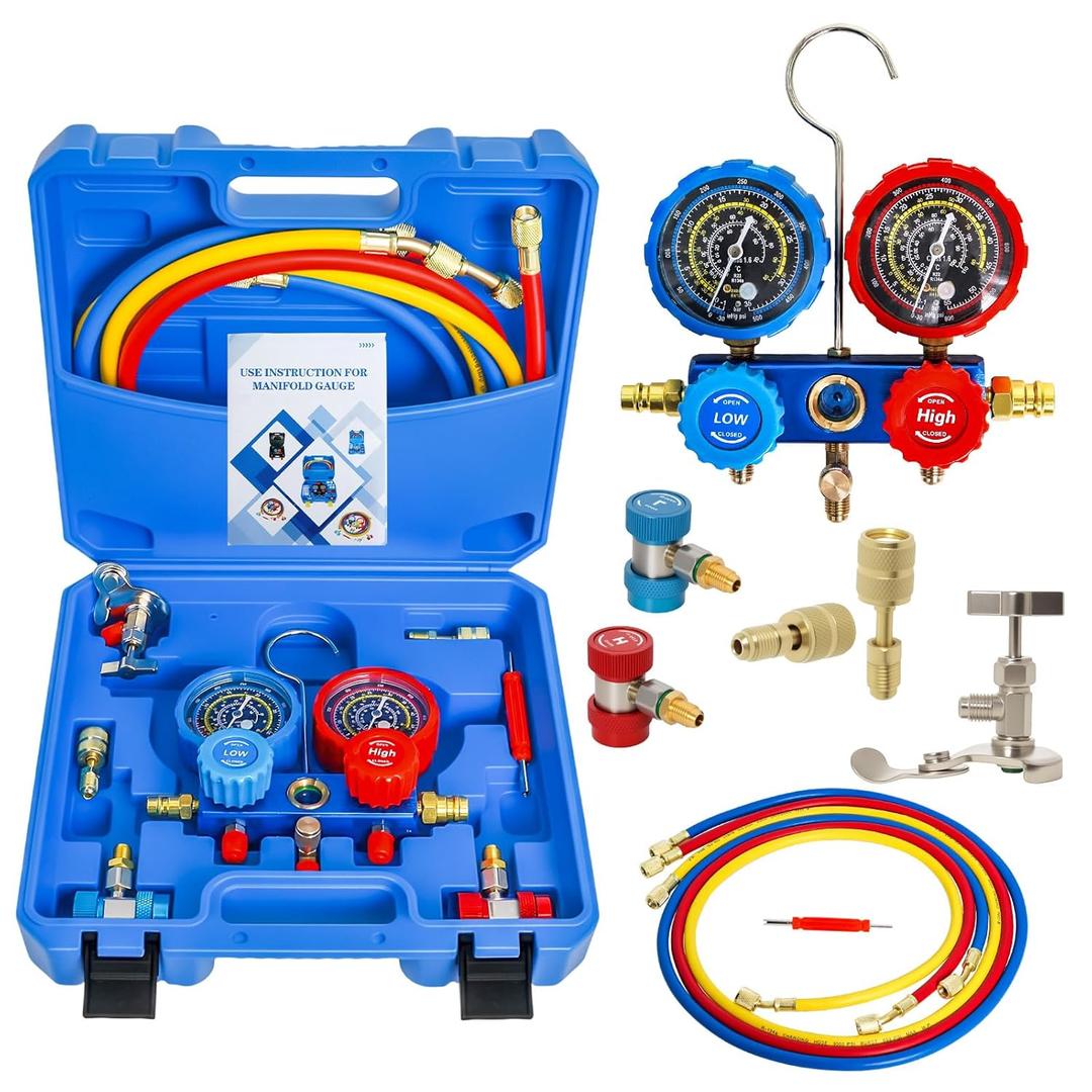 AC Gauge Set, AC Manifold Gauge Set for R134a R12 R22 R502 Refrigerant, 3-Way Car A/C Gauge Set with 3.6FT Hoses Adapter Couplers and Can Tap Freon Recharge Kit by MCCKLE