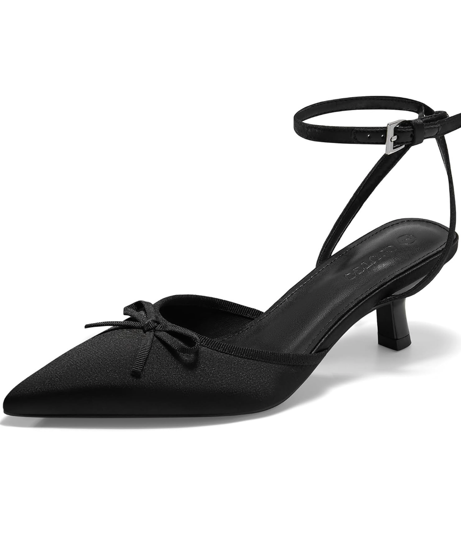 Coutgo Satin Kitten Low Heels with Bow Closed Pointed Toe Short Pumps Dress Wedding Party Shoes 8