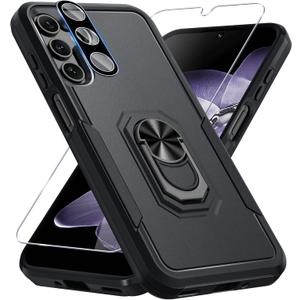 Janmitta Compatible with Samsung Galaxy A16 5G Case with Screen Protector+Camera Lens Protector,Heavy Duty Full Body Phone Cover Built in Ring Holder Kickstand,2025 Black Matte