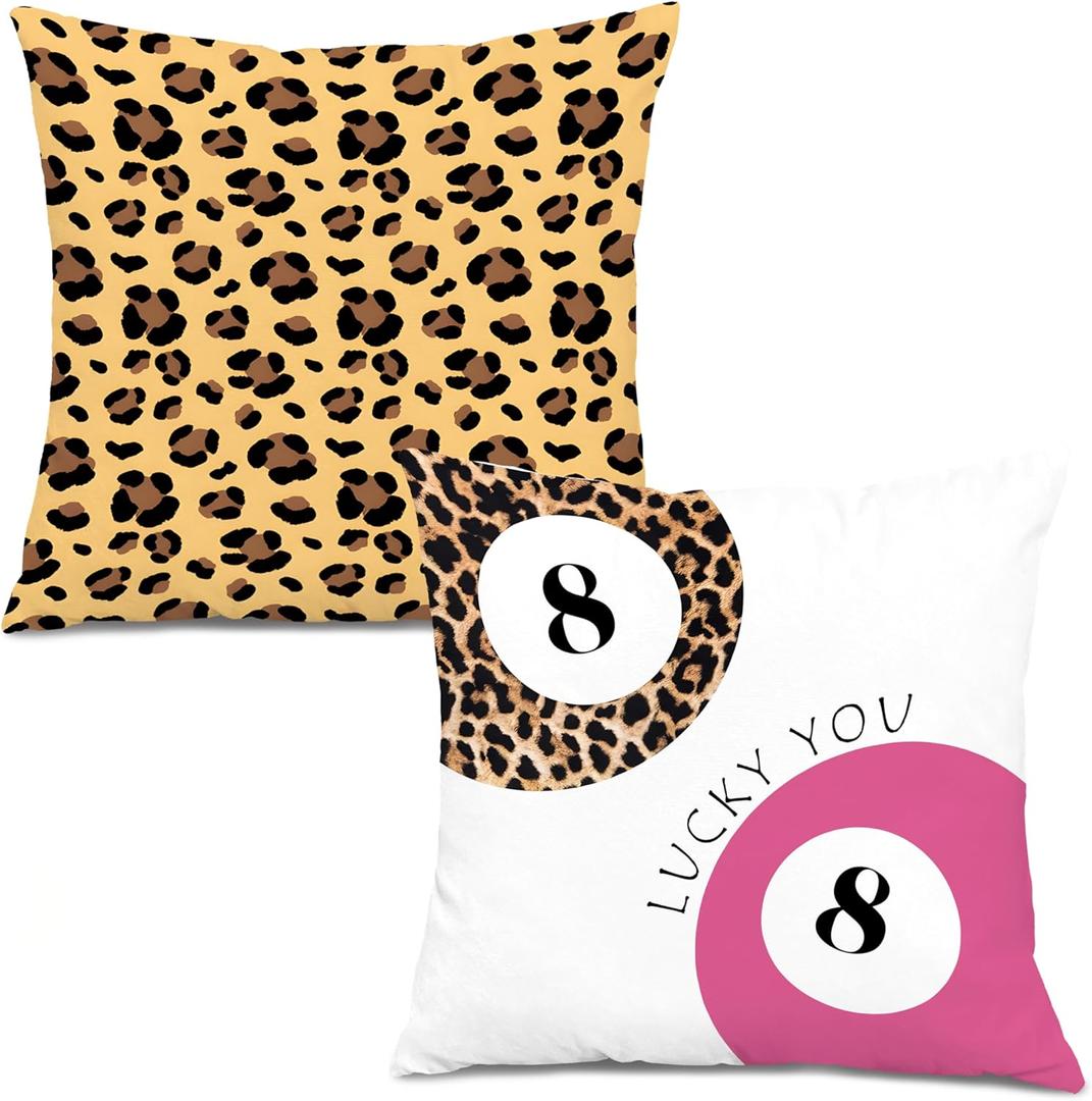 3 x Trendy Pink Leopard Lucky 8 Ball Pillow Covers 18x18, Cheetah Leopard Print Room Decor, Funky Girly Cheetah Print Decorative Throw Pillow Covers for Girls Bedroom Dorm Home, Set of 2 (Colour 01)