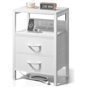 Lazzanto NightStand Bedside Charging Table Bedroom - Night Stand with Charger Station, White Modern Bed Side End Table with Open Shelf & 2 Fabric Drawers, USB-C Port & AC Outlets for Dorm, Living Room