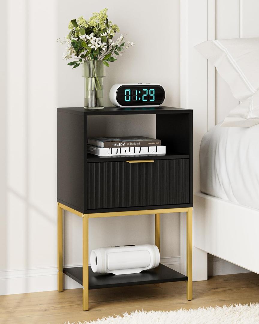 Nightstand,Modern Bedside Table with One Drawer and Two Shelf,Black Night Stand,End Table with Gold Frame for Bedroom,Living Room,Stripes