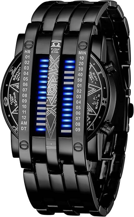 Binary Matrix Blue LED Digital Watch Mens Classic Creative Fashion Black Plated Wrist Watches (Black Blue)