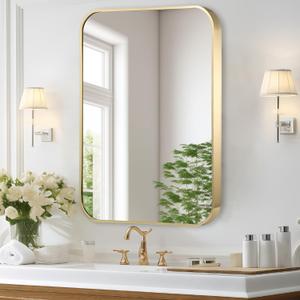 Gold Bathroom Mirror, 30x36 Inch Brushed Gold Mirror, Aluminum Alloy Framed Vanity Mirror, Rounded Rectangle Bathroom Mirror for Over Sink, Anti-Rust Wall Mirror (Horizontally or Vertically)