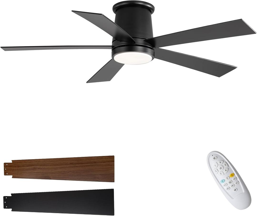 52'' Flush Mount Ceiling Fan with Light, Black, Dimmable, Silent 6-Speed DC Motor, Reversible & Timer, for Indoor, Porch, Garage, Store, Courtyard