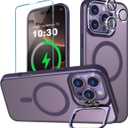 for iPhone 16 Pro MagSafe Case with Metal Camera Stand Ring Sturdy, Ultra Magnets Matte Translucent Slim Shockproof with 1 Screen 1 Camera Lens Protector for iPhone 16 Pro 6.3"(Deep Purple)