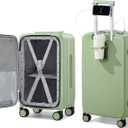 Hanke 20 Inch Carry On Luggage with Cup Holder and Charge,Top Opening Hard Shell Suitcases with Wheels and Dividers,Aluminum Frame Trunk Luggage Small Suitcase with Lock for Travel,Bamboo Green