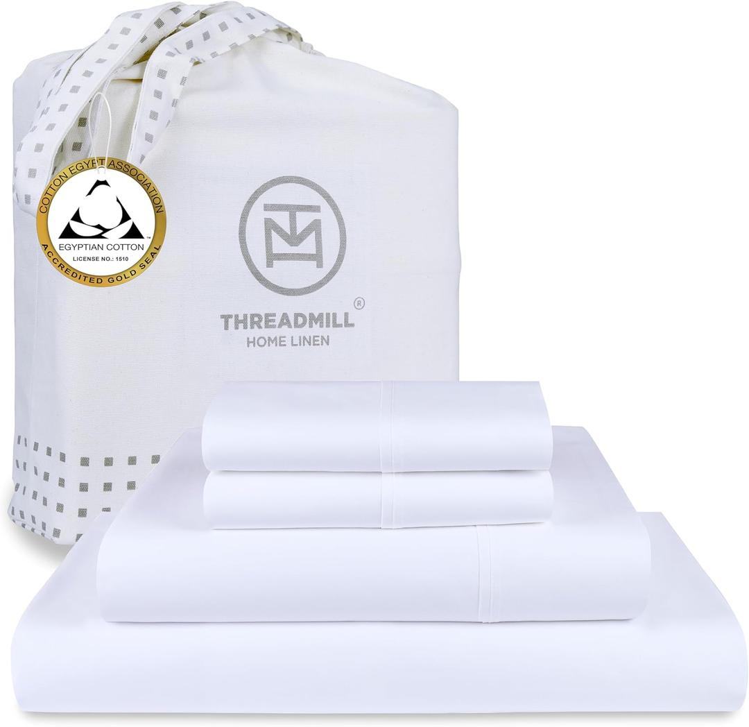 Threadmill Egyptian Cotton Sheets for King Size Bed | 100% Certified Egyptian Cotton King Bed Sheets Set | Snug Fit Elastic Deep Pocket King Sheets Soft, Breathable All Season Solid Sateen | White