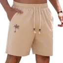 Men's Cotton Shorts Drawstring Waist Embroidered Tree Summer Vacation Beach Shorts (Beige, L)