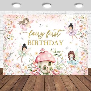 Fairy First Birthday Backdrop 7x5ft for Girls Magical Princess Fairy Party Butterfly Mushroom House Floral Theme Spring Magic Forest Photography Background