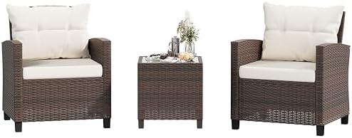 Shintenchi 3 Pieces Patio Furniture Set 3 Pieces PE Rattan Wicker Chairs with Table Outdoor Furniture for Backyard/Garden/Poolside/Outdoor Restaurant Brown Rattan with White Cushion