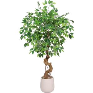 4FT Artificial Ficus Tree,Large Fake Tree with White Planter, Tall Faux Ficus Tree with Lifelike Leaves and Realistic Trunk, Artificial Plants Indoor for Dcor Home Office Living Room