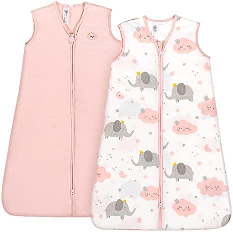 TILLYOU Sleep Sack 12-18 Months - 0.5 TOG Baby Wearable Blanket with 2-Way Zipper, Extra Soft Cotton Sleeveless Sleeping sack 2 Pack, Pink Elephant & Cloud Size L