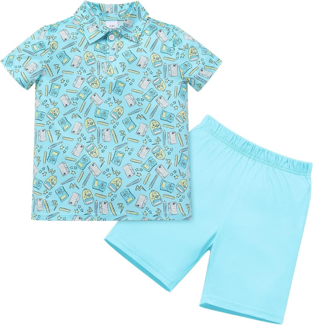 IMEKIS Toddler Kids Boys Back to School Outfit Buttons Shirt Top with Shorts Pencil Print Kindergarten Clothes 2-8T (5-6 Years, Aqua Book)