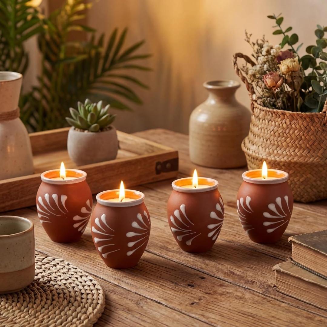 Lyrow 4 Pcs De Barro Mexicanos Candles Cantaritos Mexicanos Candles Mini 2 oz Mexican Candle Decorative Terracotta Clay Pottery Decorations Mexico Party Candle Gift for Cinco De Mayo Party Favor