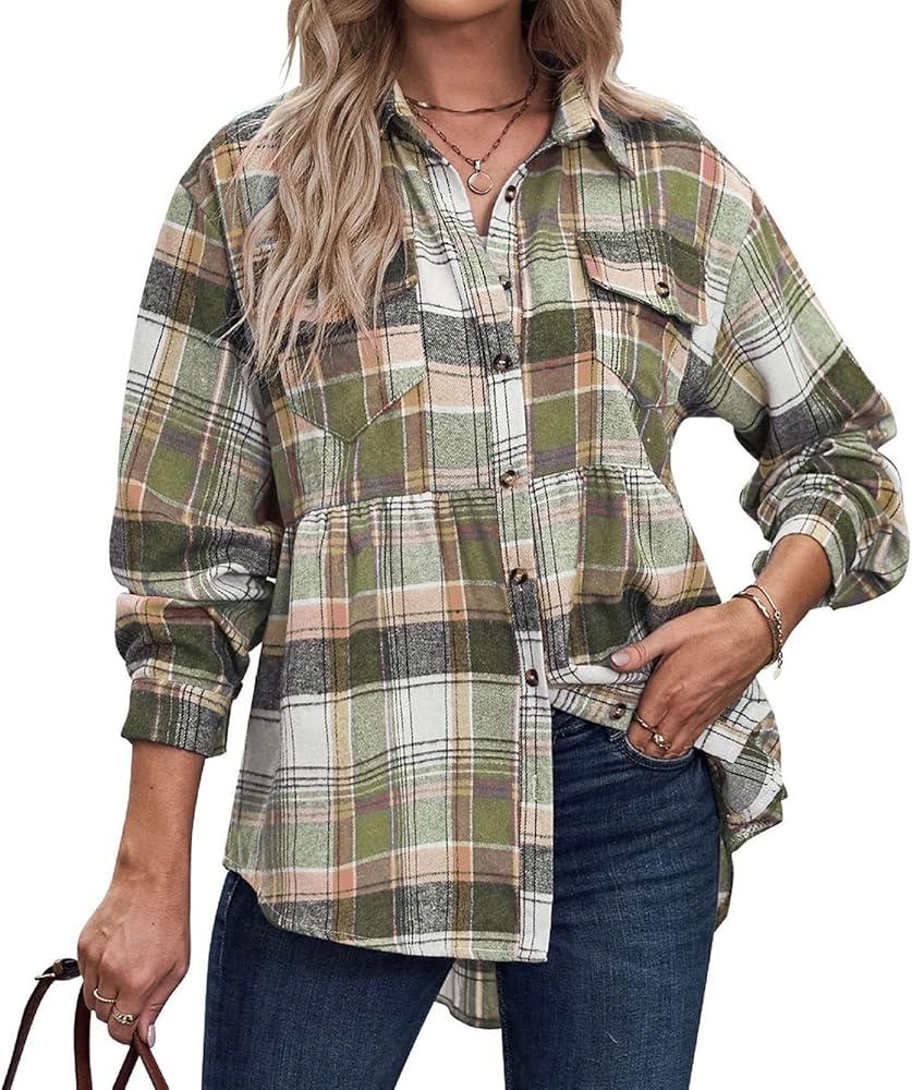 Women's Lapel Pocket Plaid Shirt Casual Plaid Soft Button Down Tops Shirts Fall Trendy Loose Boyfriend Blouses, Size M