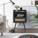 SUPERJARE Nightstands with Charging Station, Bedside Table Set of 2 with PE Rattan Drawers, Rattan Side Table with Storage & Solid Wood Feet, End Table for Bedroom, Black, 11.8"D x 15.9"W x 23.4"H