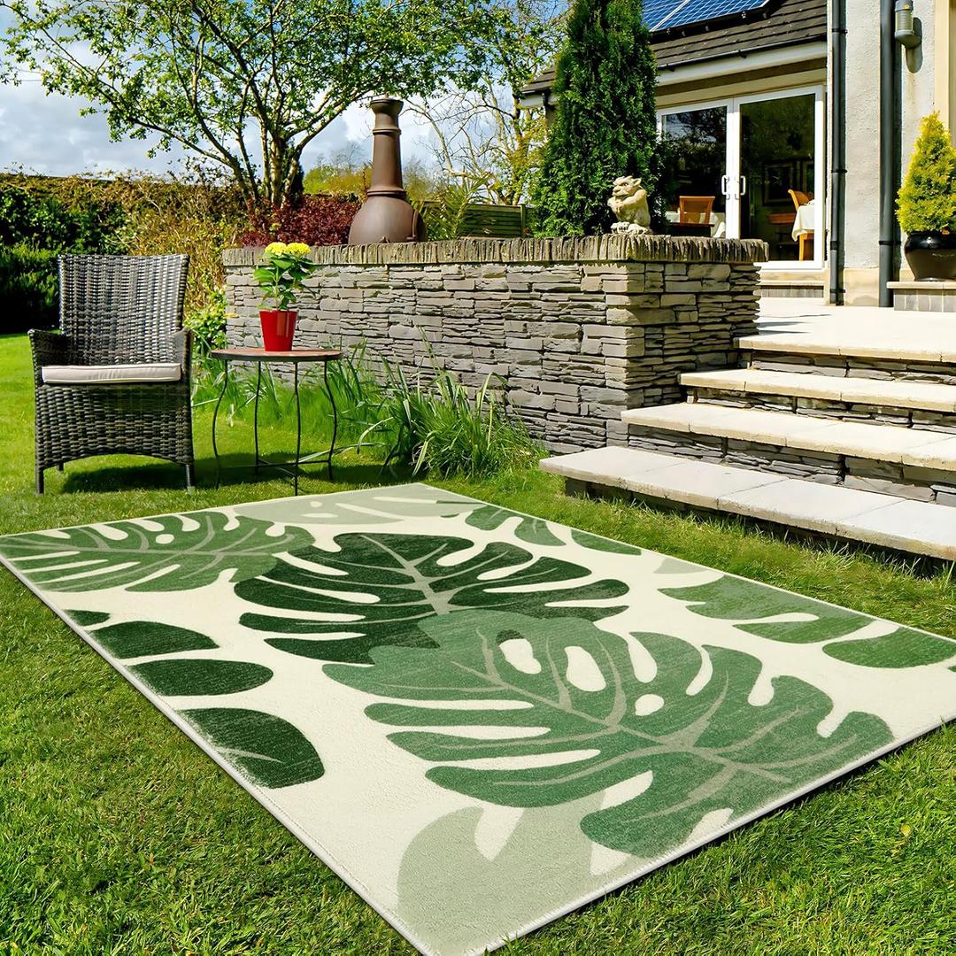 Lukinbox Leaf Indoor Outdoor Area Rugs for Patio, 5x7 Green Washable Living Room Rug Tropical Monstera Plant Non-Slip Bedroom Rugs, Large Accent Area Carpets for Dinning Room Porch