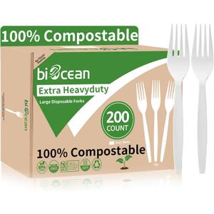 Extra Heavyduty Compostable Forks [200 Count,7In] Disposable Cutlery No Plastic Forks Large Biodegradable Utensils Eco Friendly Silverware Serving Flatware for Party,Daily Use,BBQ,Picnic