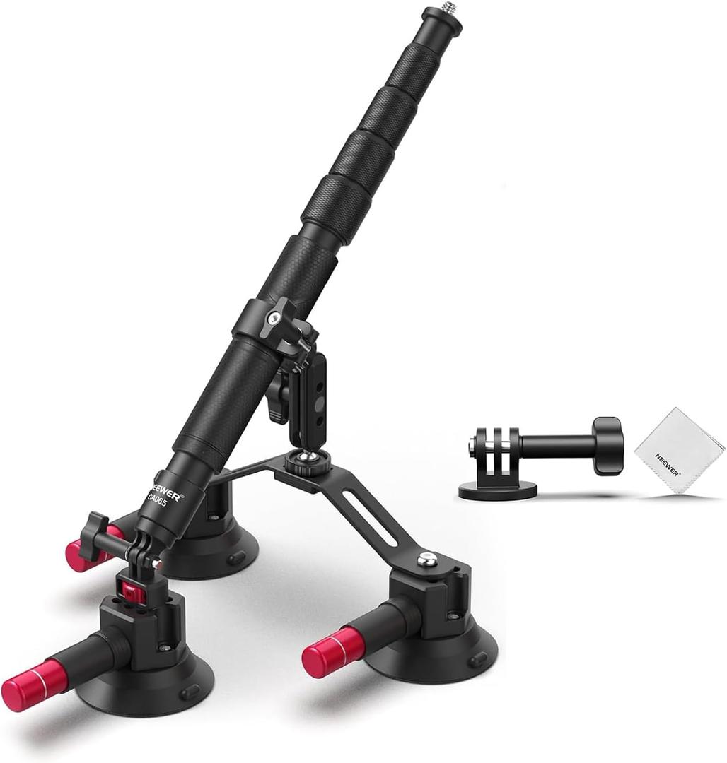 NEEWER Triple Suction Cup Car Mount Kit with 2in1 Extension Pole/Selfie Stick, Quick Release Outside Windshield Magic Arm Camera Mount Compatible with Insta360 Action Cam, Cleaning Cloth, CA065