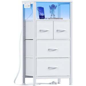Furnulem 4 Drawer Dresser with Led Light and Charging Station, White Night Stand with Storage Shelf and Fabric & PVC Drawer, 33 Inch Bedside Table, Tall Nightstand for Entryway, Bedroom Furniture