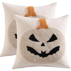 Tosleo Halloween Throw Pillow Covers 18x18 Set of 2 Beige Smiley Face Pumpkin Embroidery Pillow Cases Thanksgiving Home Party Fall Decor Bat Pillowcases Cushion Covers for Sofa Bed Couch