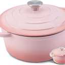 7-QT Enameled Cast Iron Round Dutch Oven With Lid,Oven safe,Pink | Large enameled cast iron Dutch oven,Retains moisture,PFAS-free,500F,sourdough,braising/stews/roasting,Housewarming Gift