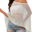 Off The Shoulder Sheer Crochet Vacation Outfits Poncho Sweater Top Summer Beach Cover Up (Beige, XXL)