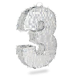 Blue Panda Small Holographic Silver Foil Number 3 Pinata for Kids Birthday Party Decorations (16.5 x 11.5 x 3 inches)