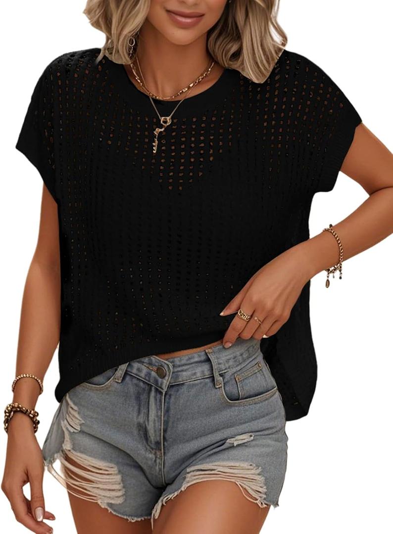 Womens Summer Crochet Tops Hollow Out Cap Sleeve Cover Up Tank Top Pullover Sweater Vest Beach Vacation Clothes (Black, S)