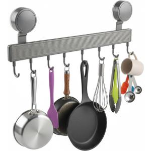 15.7 Inch Hanging Pot Rack,No Drilling Pot and Pan Organizer,Aluminum Alloy Utensil Holder,Kitchen Wall Hanging Hooks with 8 Movable Hooks,Black