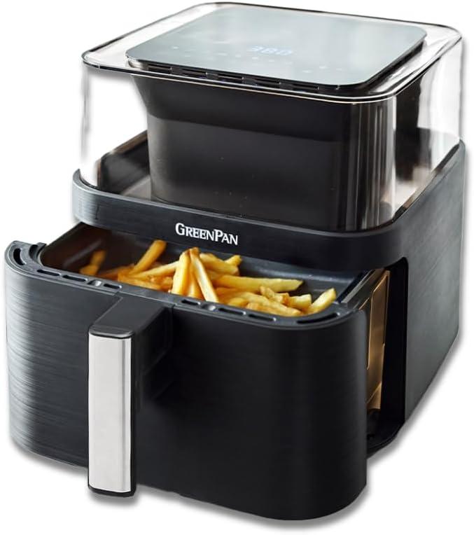 GreenPan Clearview Extra Large 7QT Air Fryer, 360° Clear Window, PFAS-Free Ceramic Nonstick Drawer and Tray, Heat to 400°F, 13-Presets, Shake Reminder, Keep Warm, Delay Start, Dishwasher Safe Parts (Black)