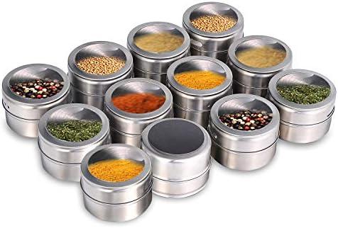 Beeyoka Magnetic Spice Jars,12 Pcs Stainless Steel Spice Tins with Lid and Small Holes for Sprinkle Rust Free Easy to Clean Includes 94 Labeling Stickers