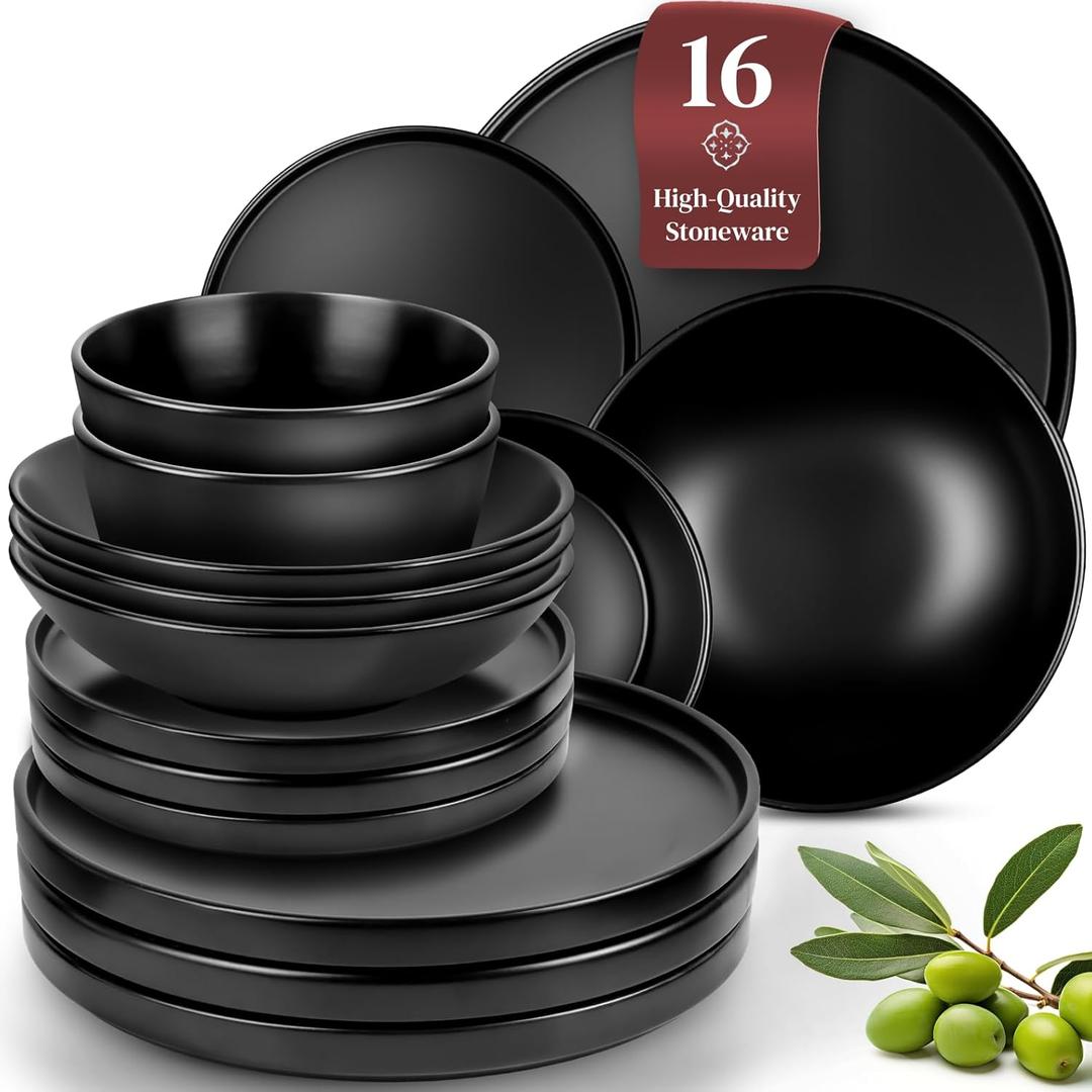 Ultra Chic Matte Black Dinnerware Set - Black Stoneware Dinnerware for 4-16 pcs. Dishwasher & Microwave Safe - Plates and Bowls (Set (16pcs), black / black matte)