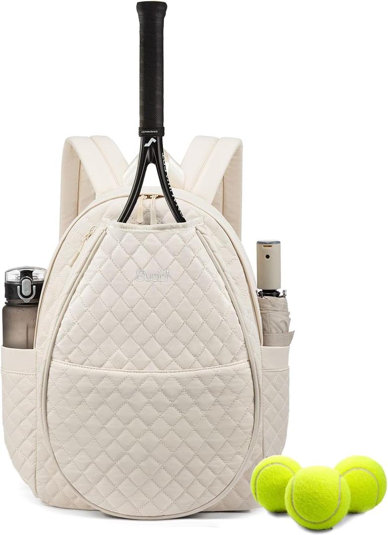 Sucipi Tennis Bags for Women, Quilted Tennis Racket Bag Backpack for Tennis Racquet, Pickleball Paddles, Badminton (Medium, Beige)