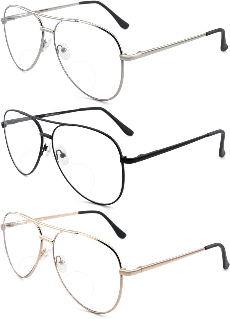 3 Pack Bifocal Reading Glasses for Women Men, Aviator Bi-focal Readers Glasses Dual Focal Eyewear +3.0 (3 Pairs: Gold + Silver + Black)