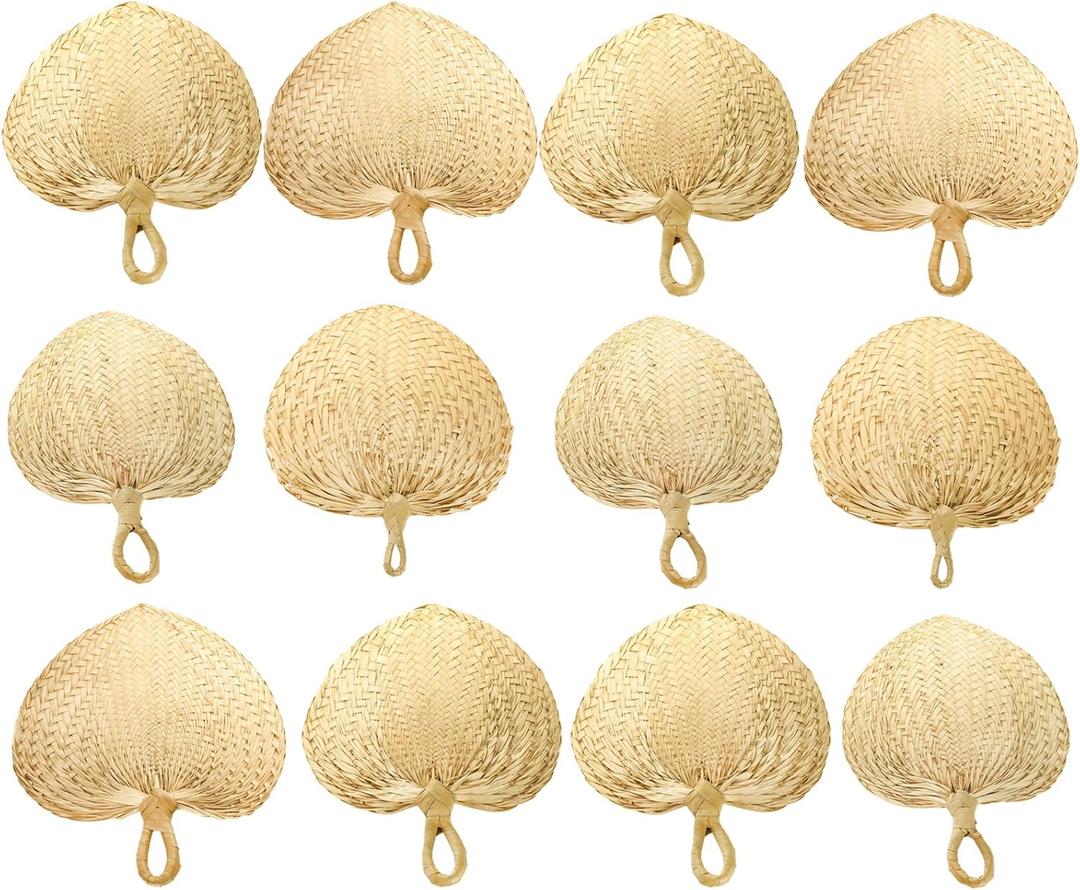 12 Pieces Natural Raffia Fans, Handmade Wedding Raffia Fans, Farmhouse Palm Leaf Hand Weaving Fan Boho Fans for Guest, Wedding Favors, Couple, Summer Cooling, Wall Decor