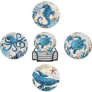 Coastal Coasters Set of 4 for Drinks, Round Absorbent Ceramic Coaster, with Metal Holder and Cork Base, Beach Sea Ocean Life Theme Coasters for Coffee Table Kitchen Party Housewarming Gifts