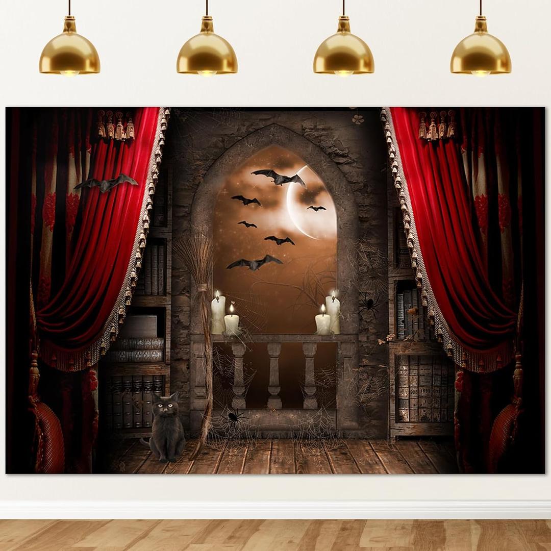 Avezano Halloween Photography Backdrop Magical Broom Vampires Medieval Castle Background Spooky Witch Bats Mid Century Vintage Child Kids Photoshoot Photo Studio Booth Decorations (Orange, 8x6ft)