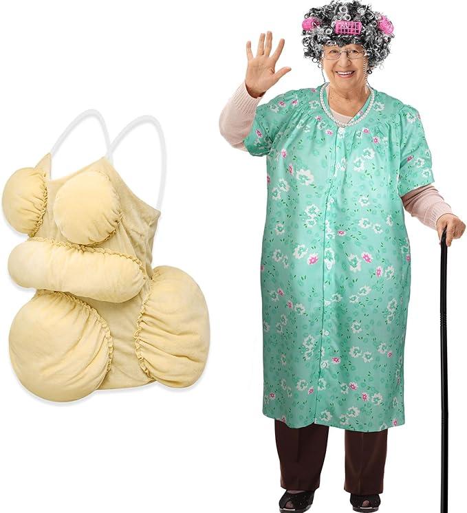 Yaomiao 8Pcs Old Lady Costume Set for Women Fat Suits Grandma Dress Suits Short Sleeve Robe Granny Wig Crutch, No Size Mark