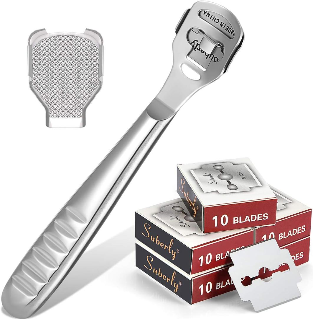 52 Pieces Callus Shaver Set, 50 Replacement Slices Blades 1 Stainless Steel Callus Shaver and 1 Foot File Head Foot Care Tools Hard Dry Skin Remover for Hand Feet